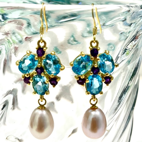 Genuine Pearl Topaz Amethyst 14KGP Earrings - Picture 2 of 7
